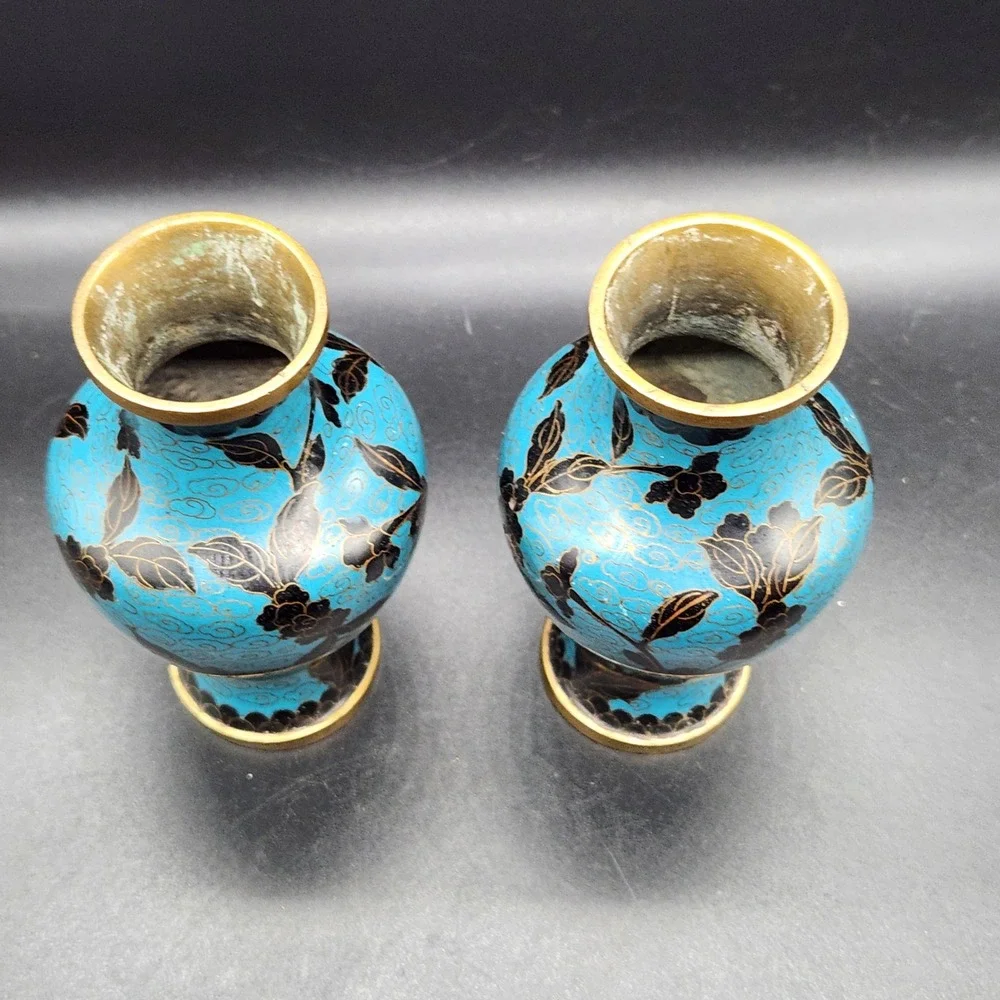 Vintage Pair Cloisonne Enamel Vases Turquoise Blue Black Gold Floral Brass 5